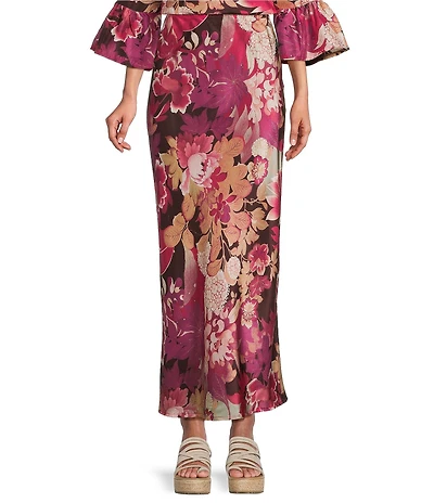 Bryn Walker Coordinating Silk Rosa Print Elastic Waist A-Line Long Bias Maxi Skirt