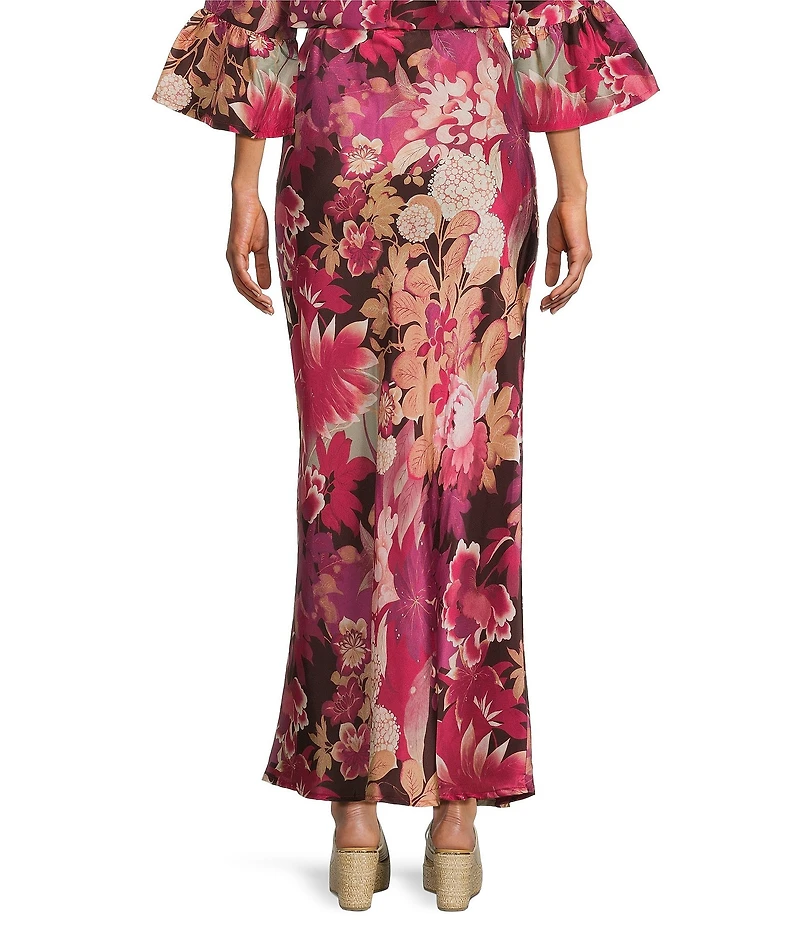 Bryn Walker Coordinating Silk Rosa Print Elastic Waist A-Line Long Bias Maxi Skirt