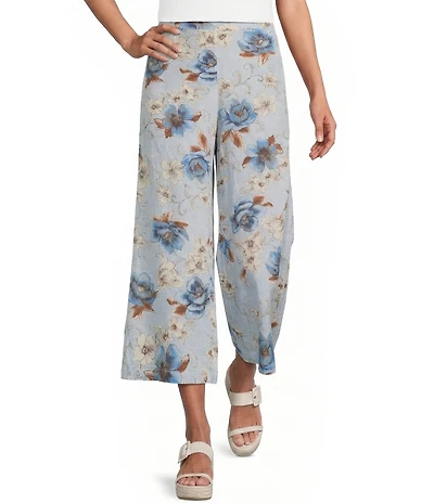 Bryn Walker Ella Coordinating Magnolia Print Linen Flat Front Elastic Wide Leg Crop Pants