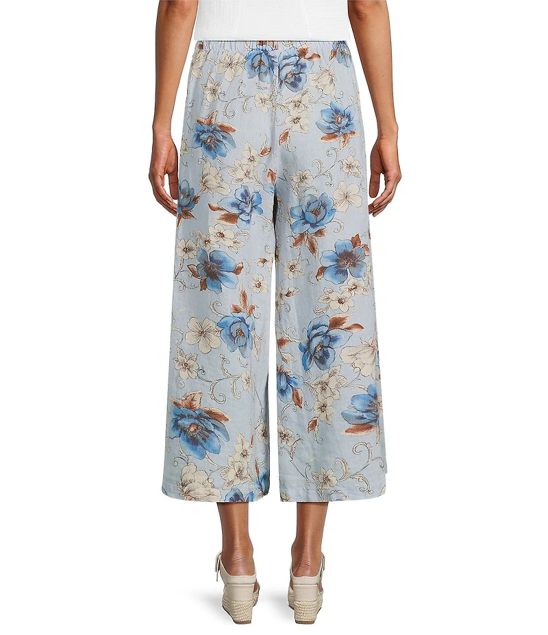 Bryn Walker Ella Coordinating Magnolia Print Linen Flat Front Elastic Wide Leg Crop Pants