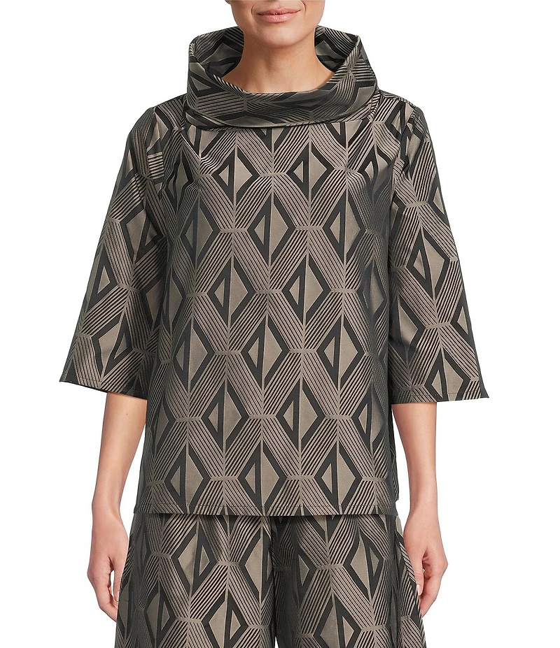 Bryn Walker Etta Coordinating Memory Crunch Jacquard Cowl Neck Elbow Sleeve Shirt