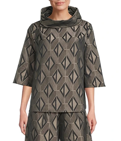 Bryn Walker Etta Coordinating Memory Crunch Jacquard Cowl Neck Elbow Sleeve Shirt