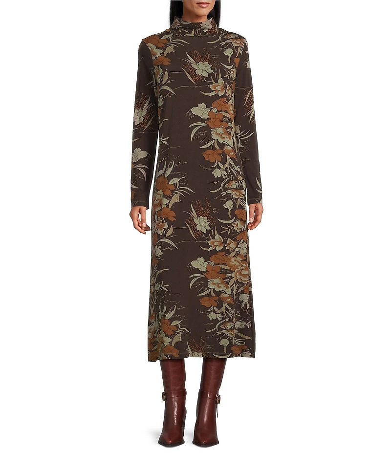 Bryn Walker Fiori Print Viscose Jersey Mock Neck Long Sleeve Shift Dress