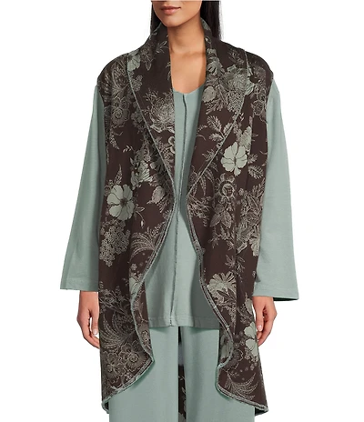 Bryn Walker Floral Print Bamboo Fleece Shawl Collar Sleeveless Wrap Vest