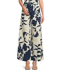 Bryn Walker Foglie Print Flat Front Linen Blend Elastic Waist Wide Full Leg Coordinating Pants