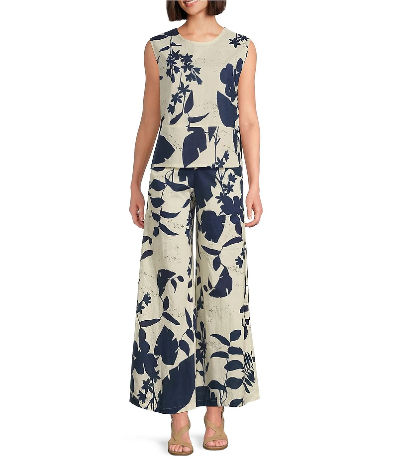 Bryn Walker Foglie Print Flat Front Linen Blend Elastic Waist Wide Full Leg Coordinating Pants