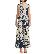 Bryn Walker Foglie Print Flat Front Linen Blend Elastic Waist Wide Full Leg Coordinating Pants
