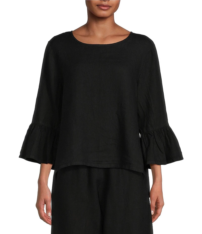 Bryn Walker Fran Basic Light Linen Round Neck Ruffle 3/4 Bell Sleeve High-Low Coordinating Shirt
