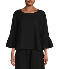 Bryn Walker Fran Basic Light Linen Round Neck Ruffle 3/4 Bell Sleeve High-Low Coordinating Shirt