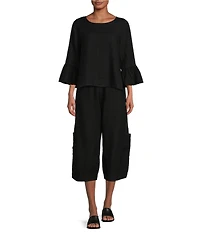 Bryn Walker Fran Basic Light Linen Round Neck Ruffle 3/4 Bell Sleeve High-Low Coordinating Shirt