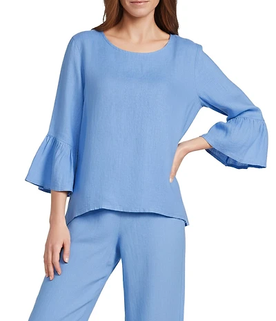 Bryn Walker Fran Light Linen Round Neck 3/4 Ruffle Bell Sleeve High-Low Shirt
