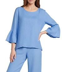 Bryn Walker Fran Light Linen Round Neck 3/4 Ruffle Bell Sleeve High-Low Shirt