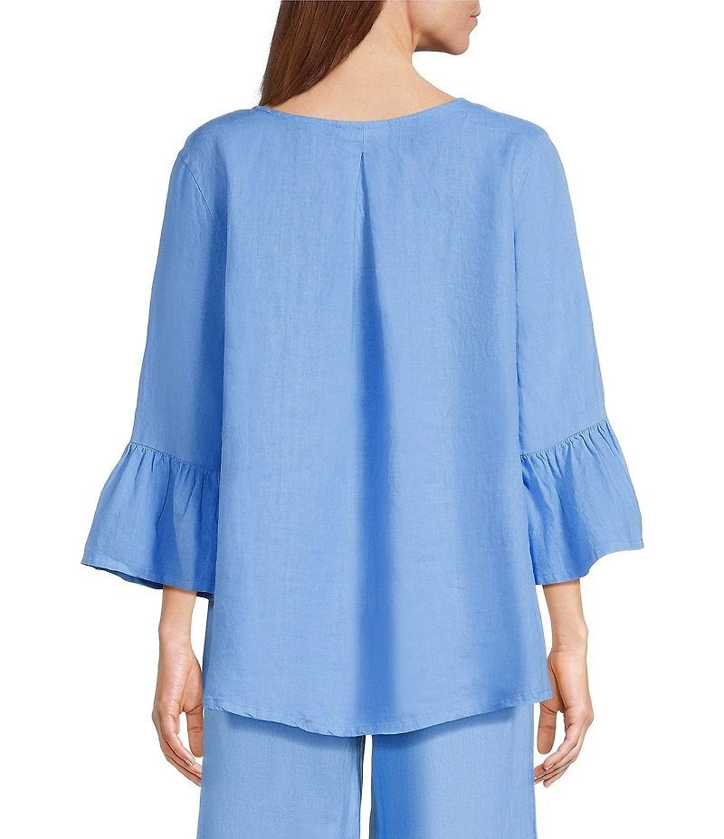 Bryn Walker Fran Light Linen Round Neck 3/4 Ruffle Bell Sleeve High-Low Shirt