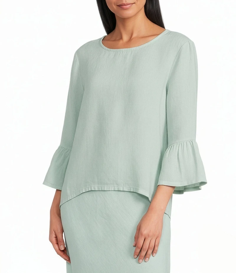 Bryn Walker Fran Light Linen Round Neck 3/4 Ruffle Sleeve Shirt