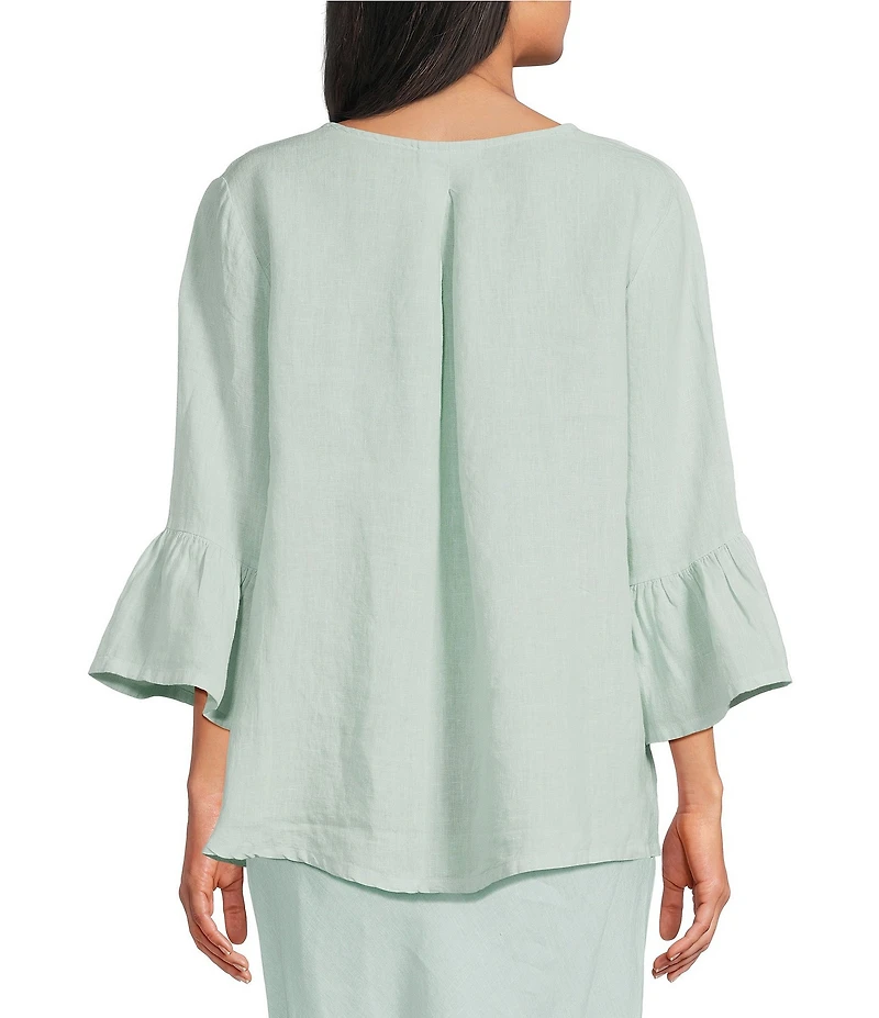 Bryn Walker Fran Light Linen Round Neck 3/4 Ruffle Sleeve Shirt