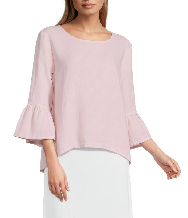 Bryn Walker Fran Light Linen Round Neck 3/4 Ruffle Sleeve Shirt