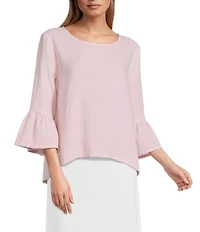 Bryn Walker Fran Light Linen Round Neck 3/4 Ruffle Sleeve Shirt