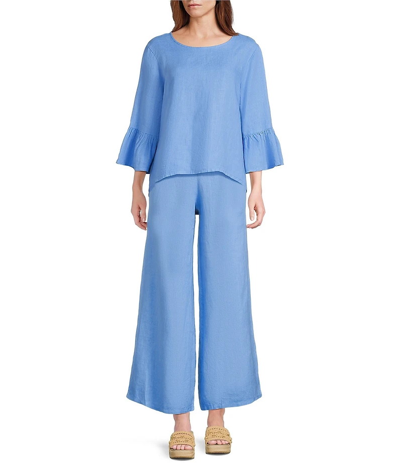 Bryn Walker Fran Light Linen Round Neck 3/4 Ruffle Sleeve Shirt