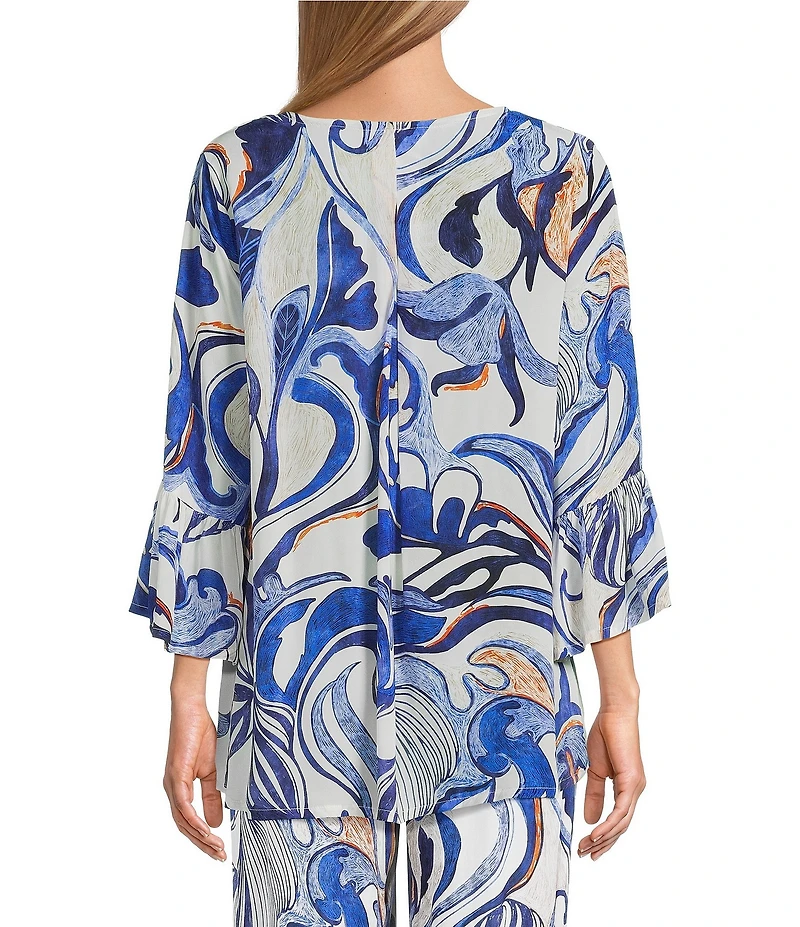 Bryn Walker Fran Printed Round Neck 3/4 Ruffle Bell High-Low Sleeve Top