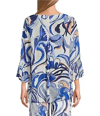 Bryn Walker Fran Printed Round Neck 3/4 Ruffle Bell High-Low Sleeve Top