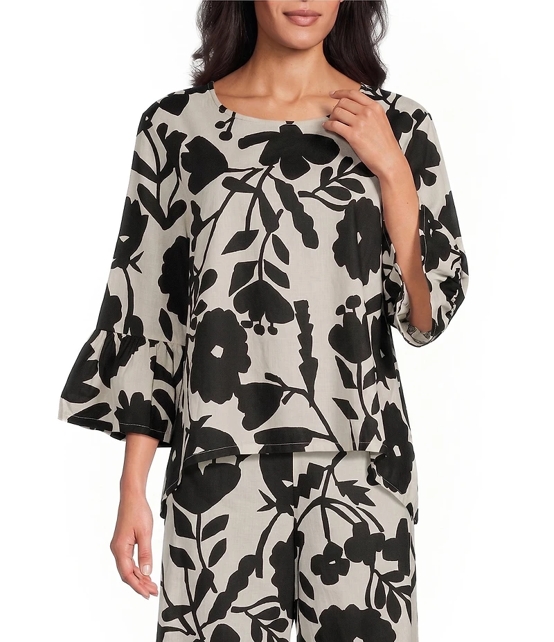Bryn Walker Fran Printed Round Neck 3/4 Ruffle Bell Sleeve High Low Shirt