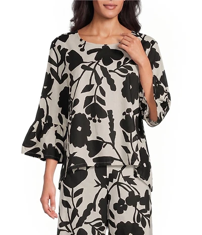 Bryn Walker Fran Printed Round Neck 3/4 Ruffle Bell Sleeve High Low Shirt