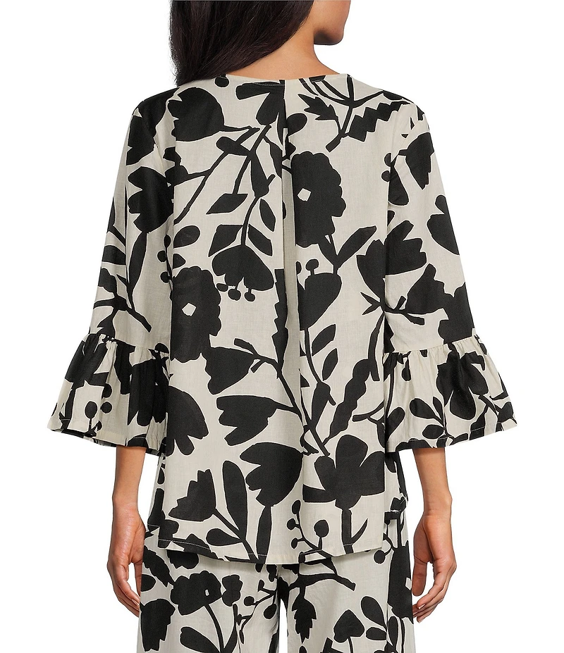 Bryn Walker Fran Printed Round Neck 3/4 Ruffle Bell Sleeve High Low Shirt