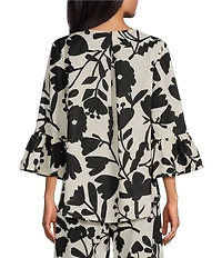 Bryn Walker Fran Printed Round Neck 3/4 Ruffle Bell Sleeve High Low Shirt