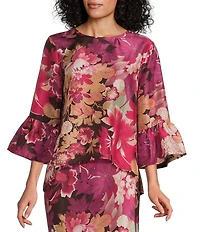 Bryn Walker Fran Rosa Printed Silk Round Neck 3/4 Ruffle Bell Sleeve Coordinating Top