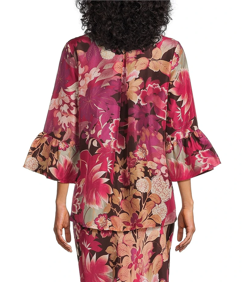 Bryn Walker Fran Rosa Printed Silk Round Neck 3/4 Ruffle Bell Sleeve Coordinating Top