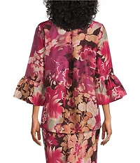 Bryn Walker Fran Rosa Printed Silk Round Neck 3/4 Ruffle Bell Sleeve Coordinating Top