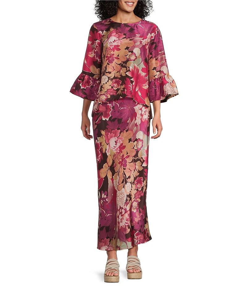 Bryn Walker Fran Rosa Printed Silk Round Neck 3/4 Ruffle Bell Sleeve Coordinating Top