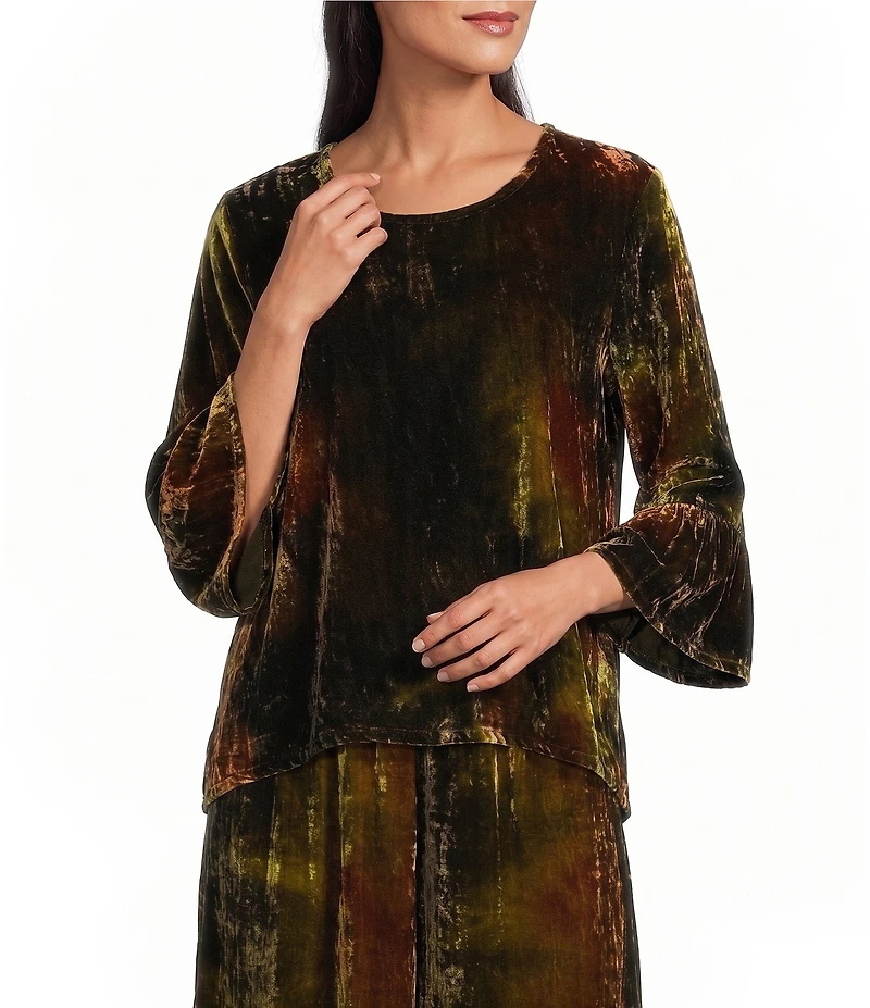 Bryn Walker Francine Velvet Round Neck 3/4 Ruffle Bell Sleeve Coordinating Shirt
