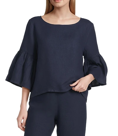 Bryn Walker Frida Light Linen Round Neck 3/4 Ruffle Bell Sleeve Shirt