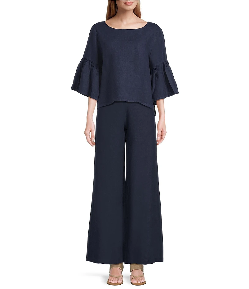 Bryn Walker Frida Light Linen Round Neck 3/4 Ruffle Bell Sleeve Shirt