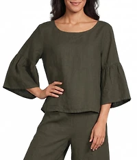 Bryn Walker Frida Light Linen Round Neck 3/4 Ruffle Bell Sleeve Shirt