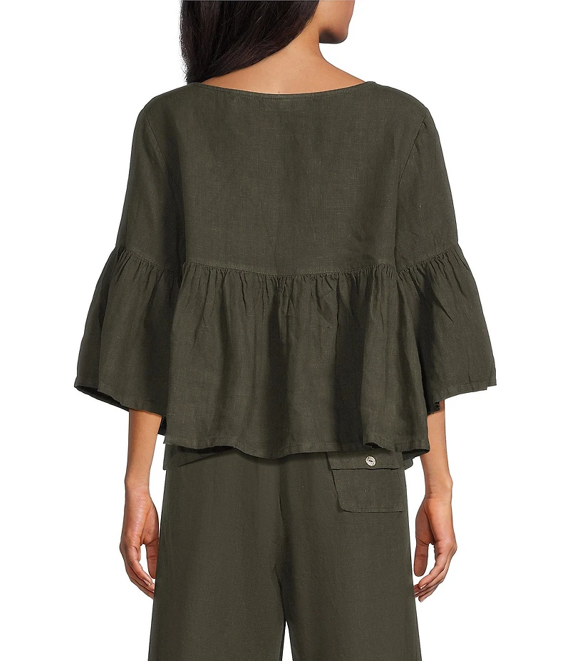 Bryn Walker Frida Light Linen Round Neck 3/4 Ruffle Bell Sleeve Shirt