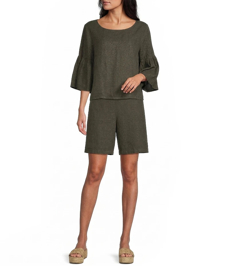 Bryn Walker Frida Light Linen Round Neck 3/4 Ruffle Bell Sleeve Shirt