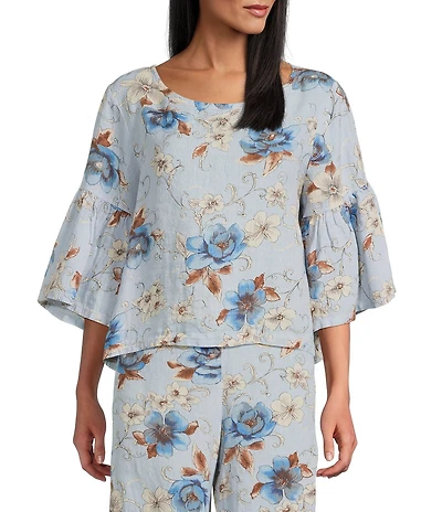 Bryn Walker Frida Magnolia Printed Linen Round Neck 3/4 Ruffle Bell Sleeve Shirt