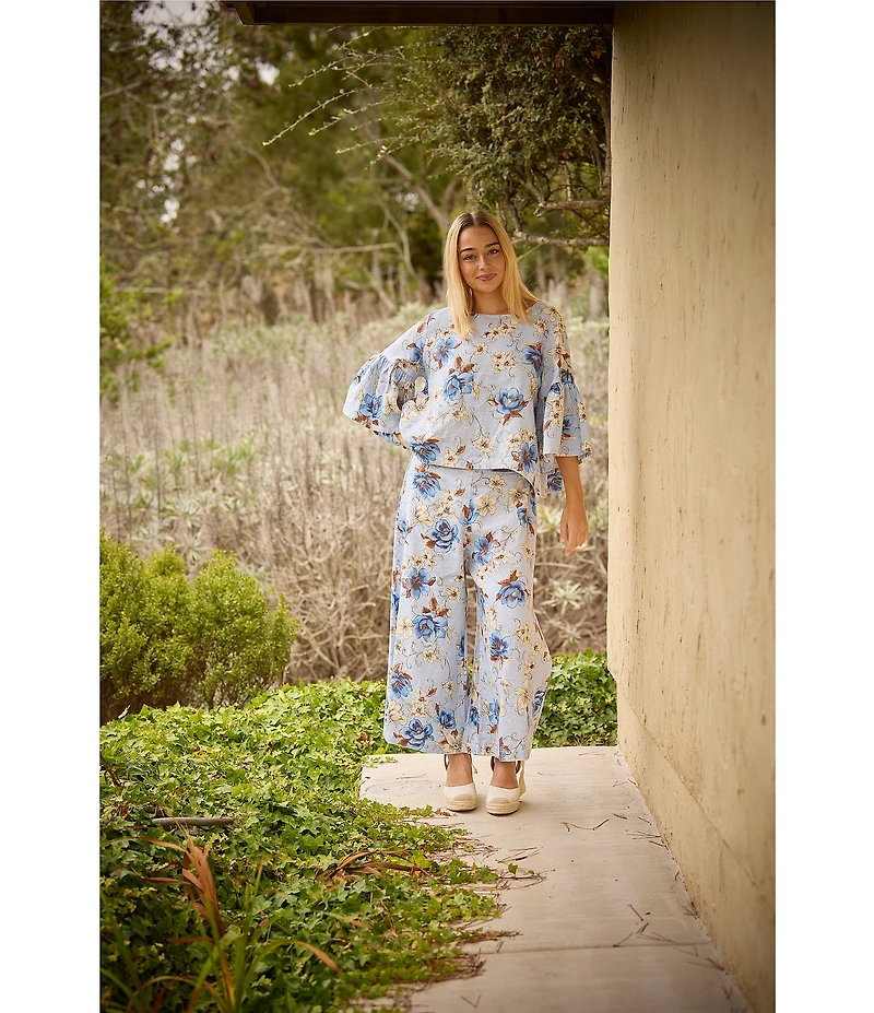 Bryn Walker Frida Magnolia Printed Linen Round Neck 3/4 Ruffle Bell Sleeve Shirt