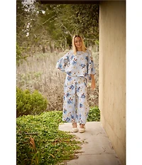 Bryn Walker Frida Magnolia Printed Linen Round Neck 3/4 Ruffle Bell Sleeve Shirt