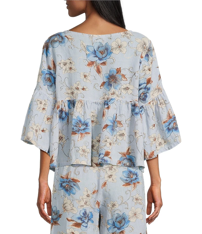 Bryn Walker Frida Magnolia Printed Linen Round Neck 3/4 Ruffle Bell Sleeve Shirt