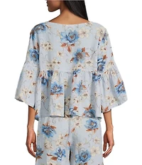 Bryn Walker Frida Magnolia Printed Linen Round Neck 3/4 Ruffle Bell Sleeve Shirt