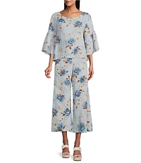Bryn Walker Frida Magnolia Printed Linen Round Neck 3/4 Ruffle Bell Sleeve Shirt