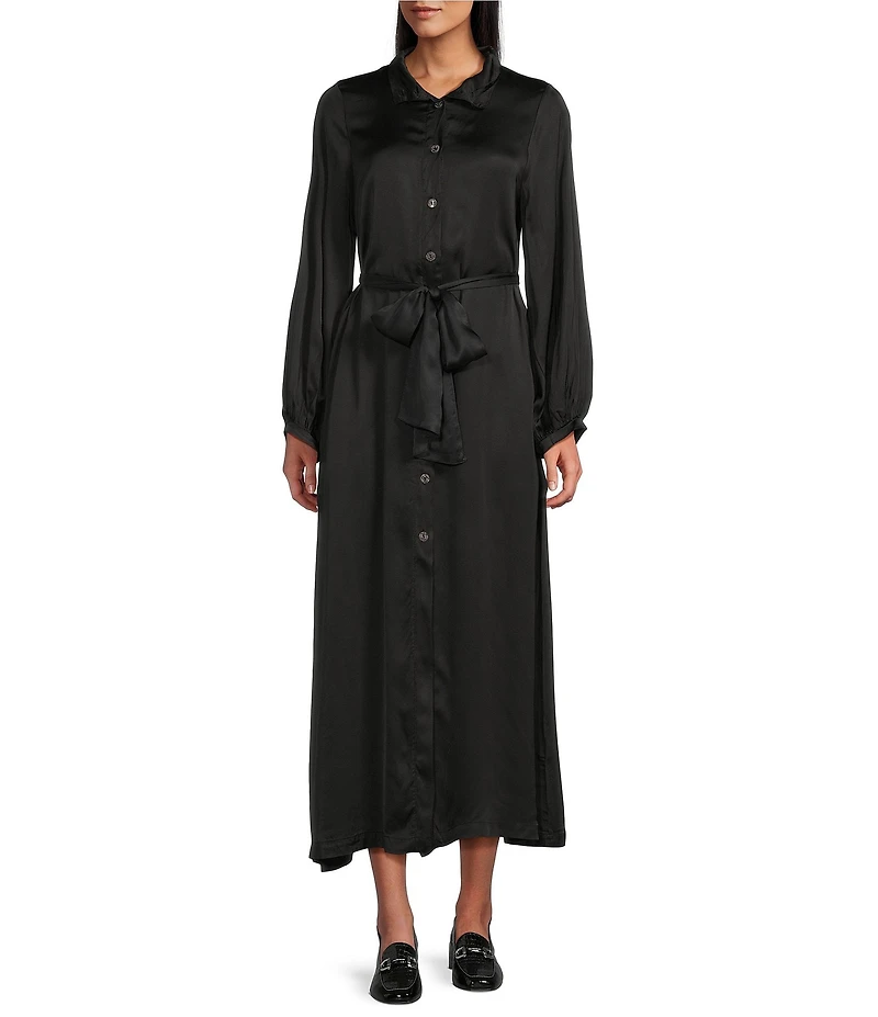 Bryn Walker Geraldine Satin Mandarin Collar Long Balloon Sleeve Belted Maxi Dress