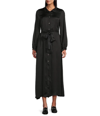 Bryn Walker Geraldine Satin Mandarin Collar Long Balloon Sleeve Belted Maxi Dress
