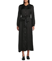 Bryn Walker Geraldine Satin Mandarin Collar Long Balloon Sleeve Belted Maxi Dress