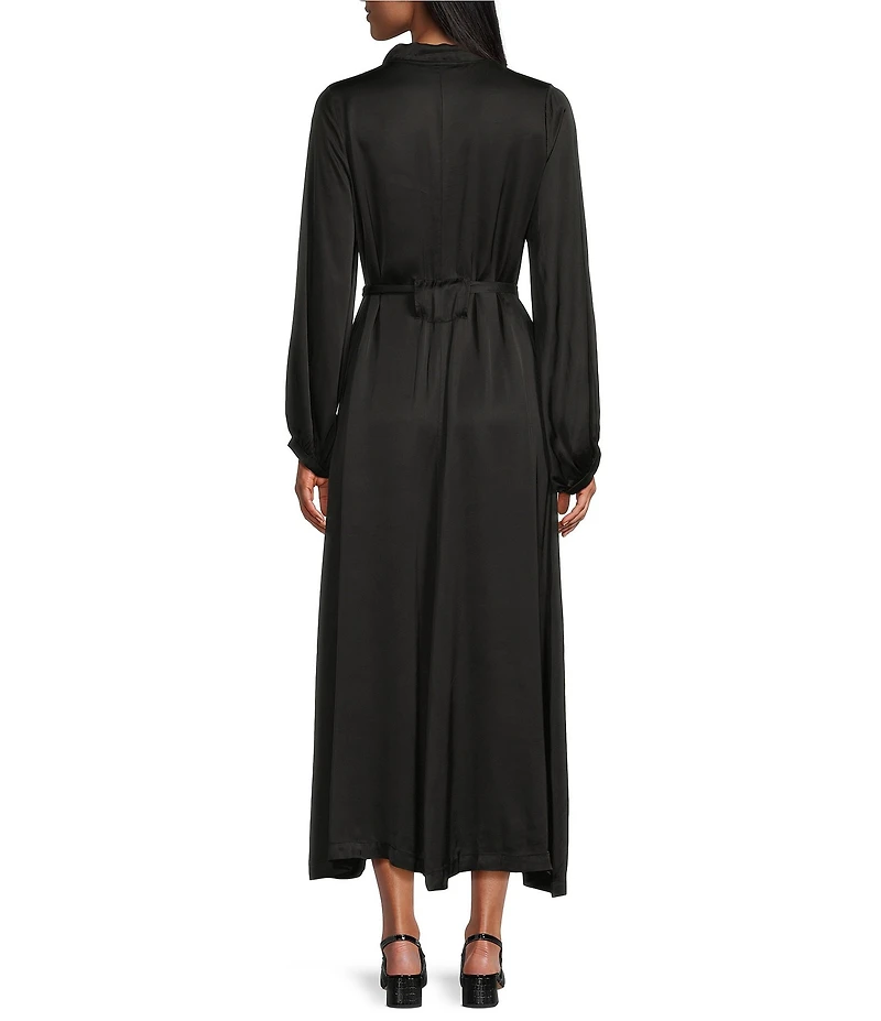 Bryn Walker Geraldine Satin Mandarin Collar Long Balloon Sleeve Belted Maxi Dress