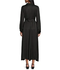 Bryn Walker Geraldine Satin Mandarin Collar Long Balloon Sleeve Belted Maxi Dress