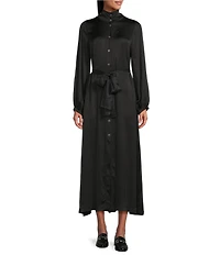 Bryn Walker Geraldine Satin Mandarin Collar Long Balloon Sleeve Belted Maxi Dress